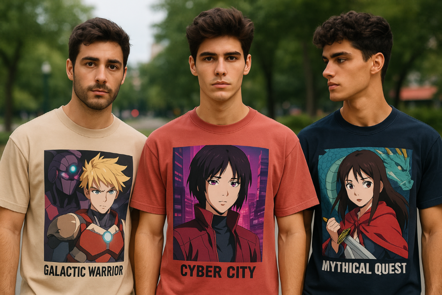 Three men wearing t-shirts with anime character designs and text.slider_item_dF8hRy