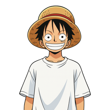 Cartoon character with a straw hat and white shirt on a light blue background